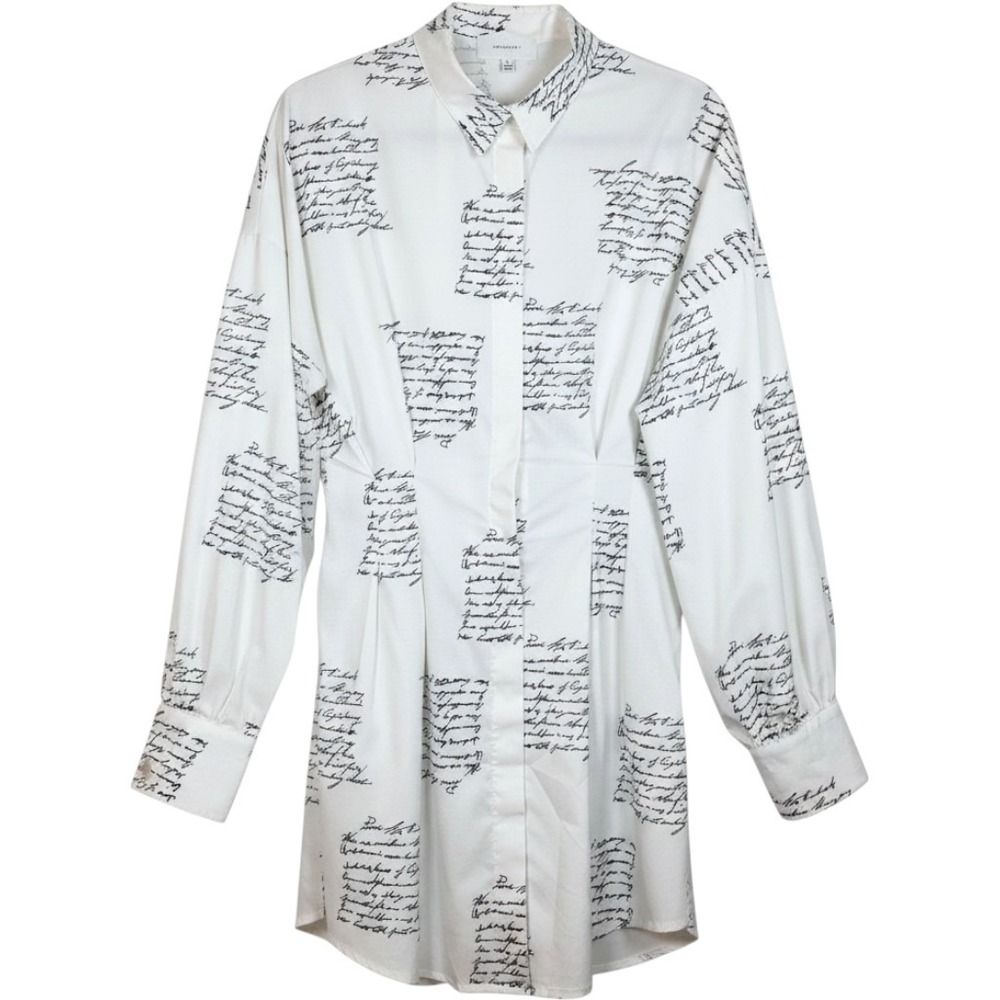 HALFHEART Script Print Button Down Shirt Dress Large White Black SMX190861